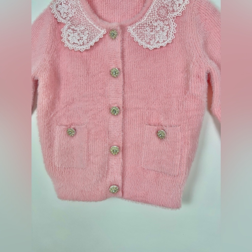 Self Portrait Fluffy Knit Cardigan Pink Lace Collar - Picture 7 of 10